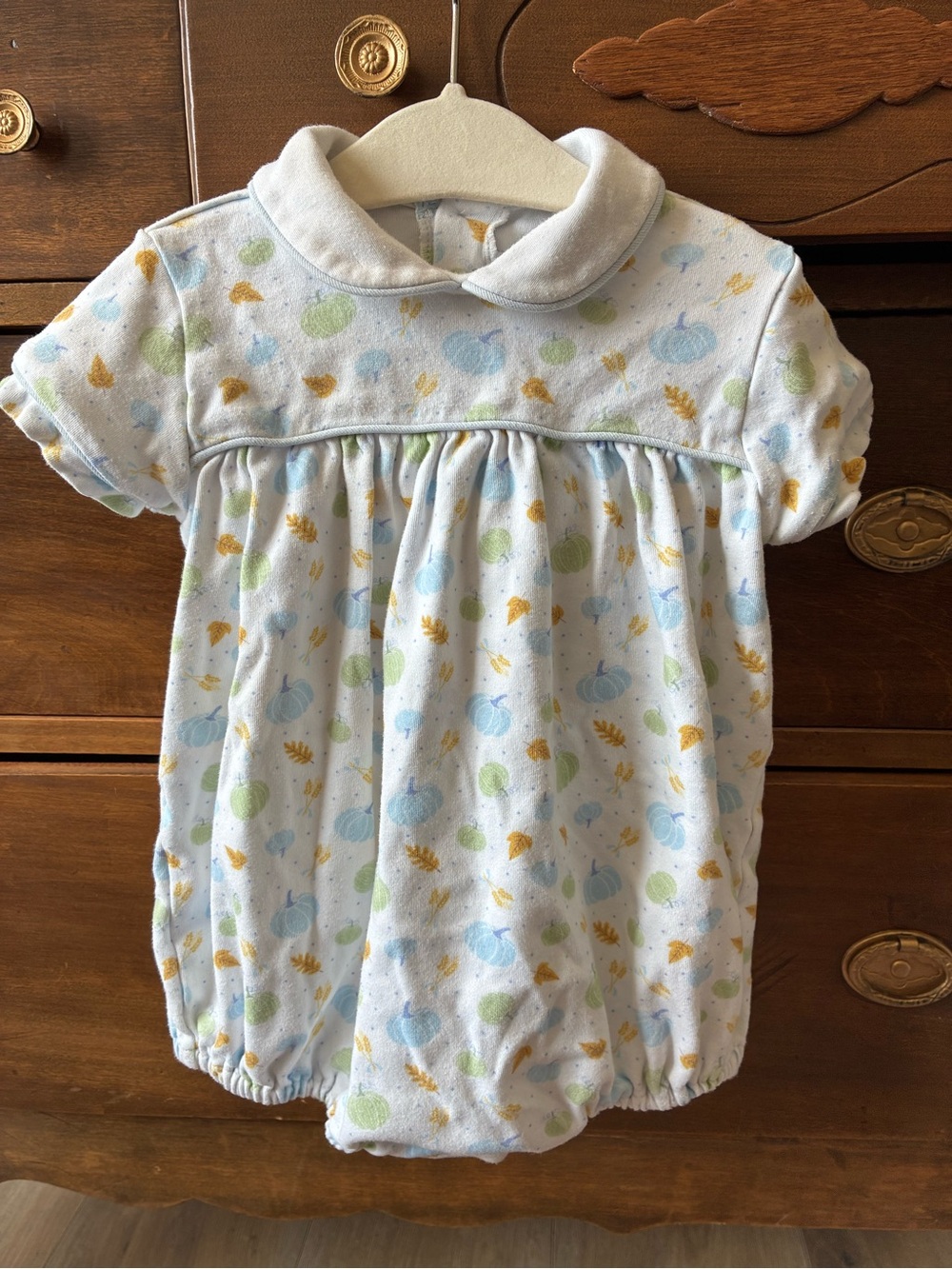 Baby/Kids Pumpkin Bubble Romper in White with Blue, Green & Yellow Print